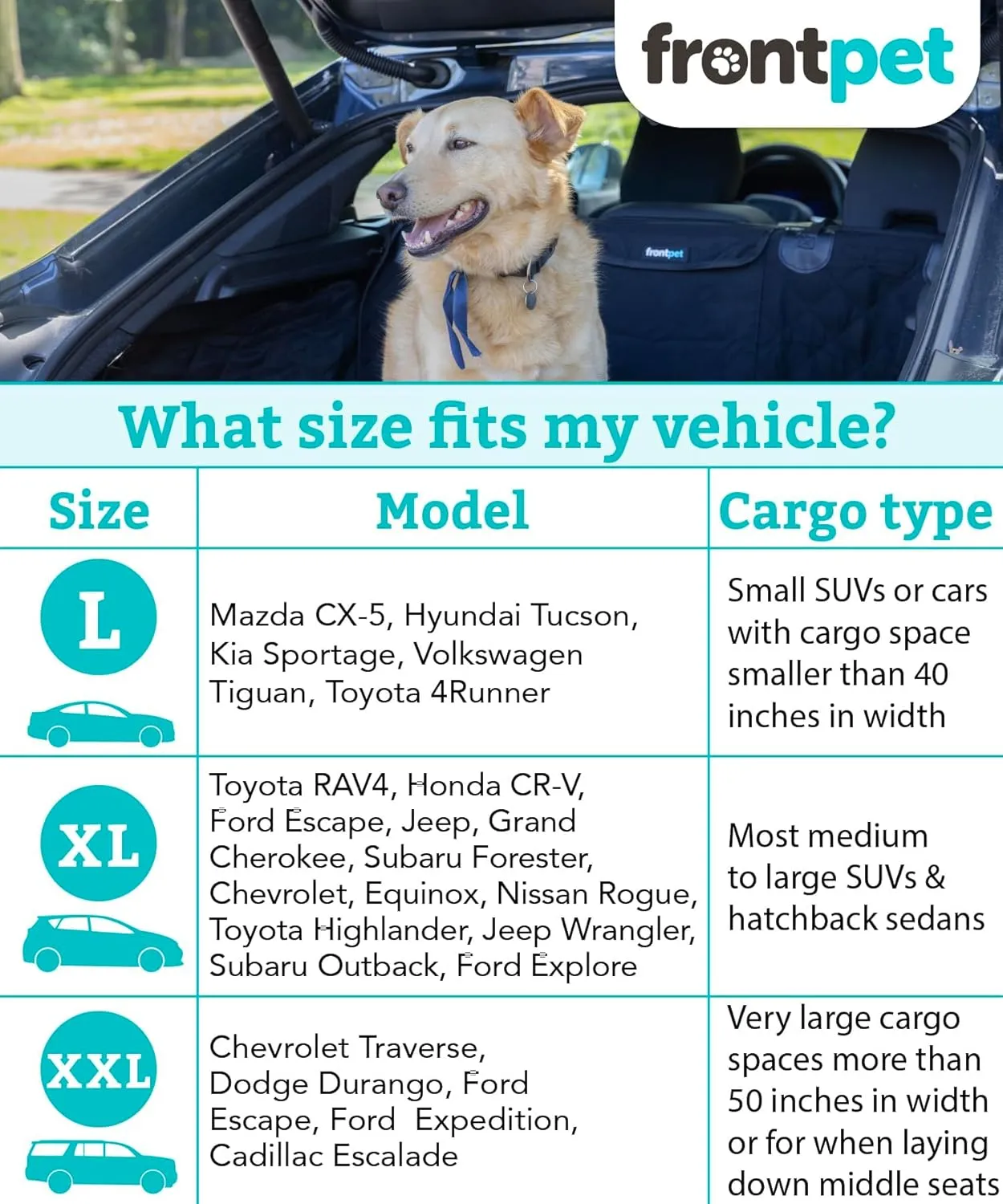 Frontpet Cargo Cover for Dogs, Water Resistant Pet Cargo Liner Dog Seat Cover Mat for SUVs Sedans Vans with Bumper Flap Protector, Non-Slip, Backseat Cover, Trunk Liner Universal Fit (Large/Black)