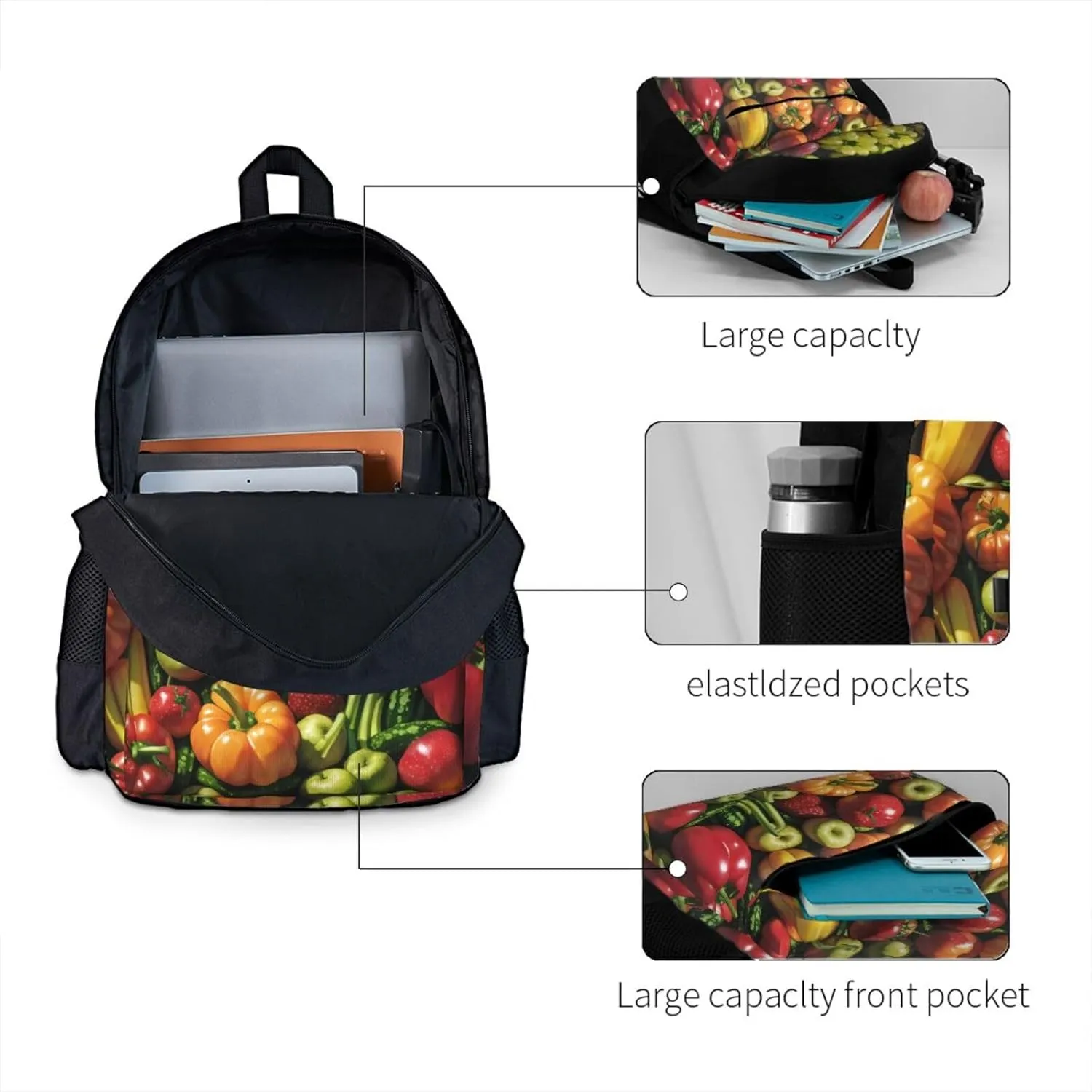 Fruit And Vegetables Backpack Printing Lightweight Casual Backpack Shoulder Bags Large Capacity Laptop Backpack