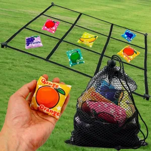 Fruits Bean Bag Toss Across Game Set, Outdoor Montessori Sensory Learning Toys for Toddlers 3 4 5 Year Old, 6 Colorful Small BeanBags for Tossing, 2.5ft Tic-Tac-Toe Rope