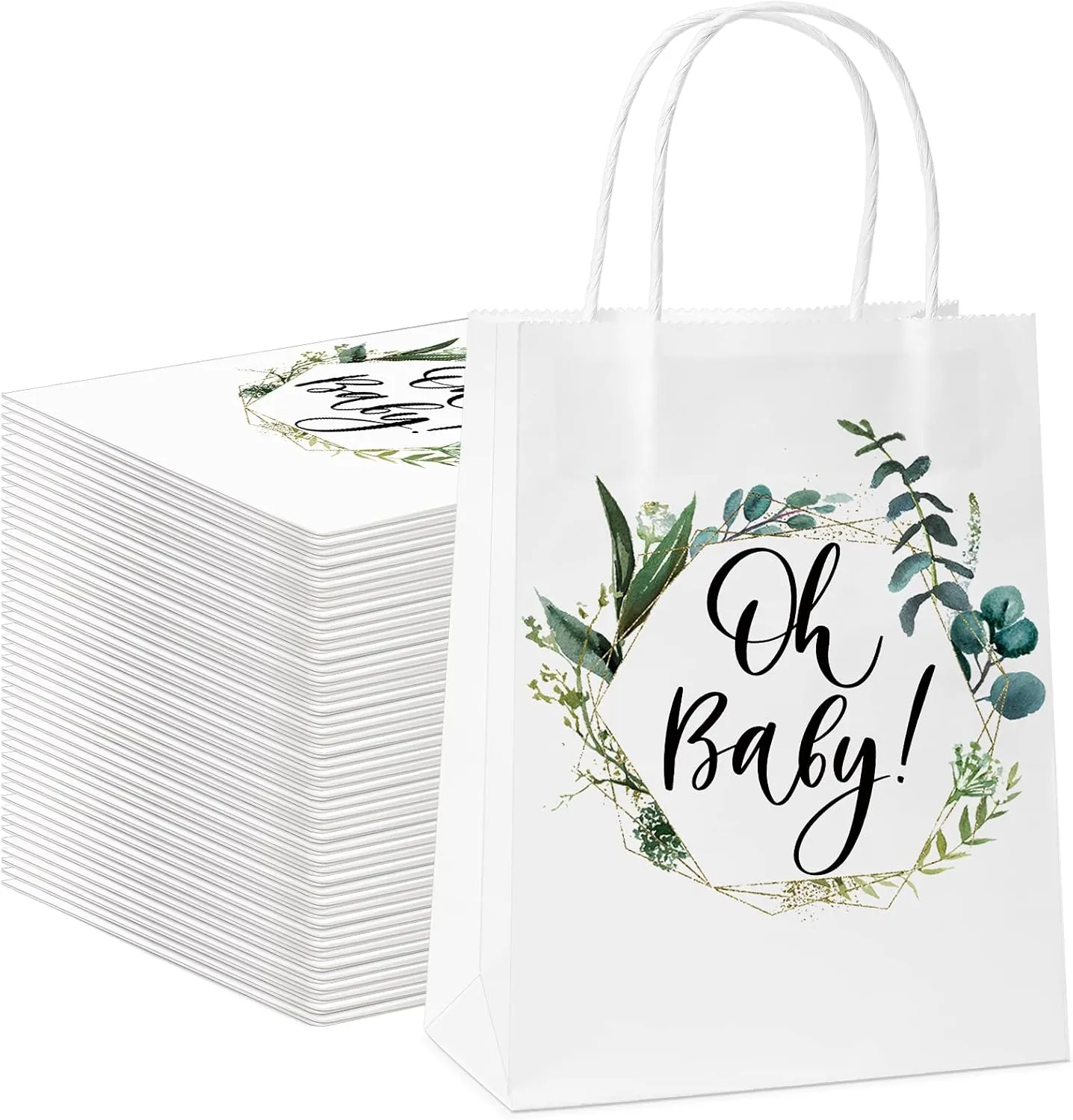 Fumete 50 Pcs Baby Shower White Paper Bags Bulk with Handles Greenery Eucalyptus Paper Bags Greenery Paper Goodie Bag Gift Wrap Bag for Baby Shower Gender Reveal Party Favor, 8.27 x 5.91 x 3.15 Inch