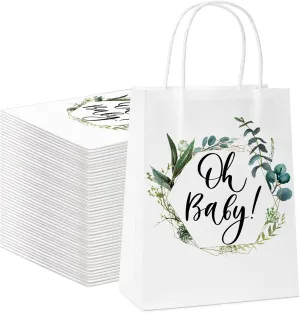 Fumete 50 Pcs Baby Shower White Paper Bags Bulk with Handles Greenery Eucalyptus Paper Bags Greenery Paper Goodie Bag Gift Wrap Bag for Baby Shower Gender Reveal Party Favor, 8.27 x 5.91 x 3.15 Inch