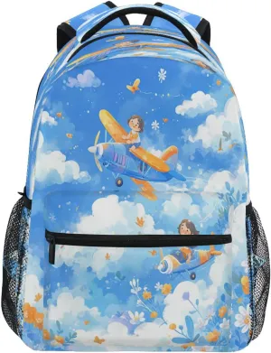 Fun Backpack for Teens Boys Girls Fashion Travel Laptop Backpack with Chest Strap Gift Men & Women Cartoon Cute Blue and White Plane