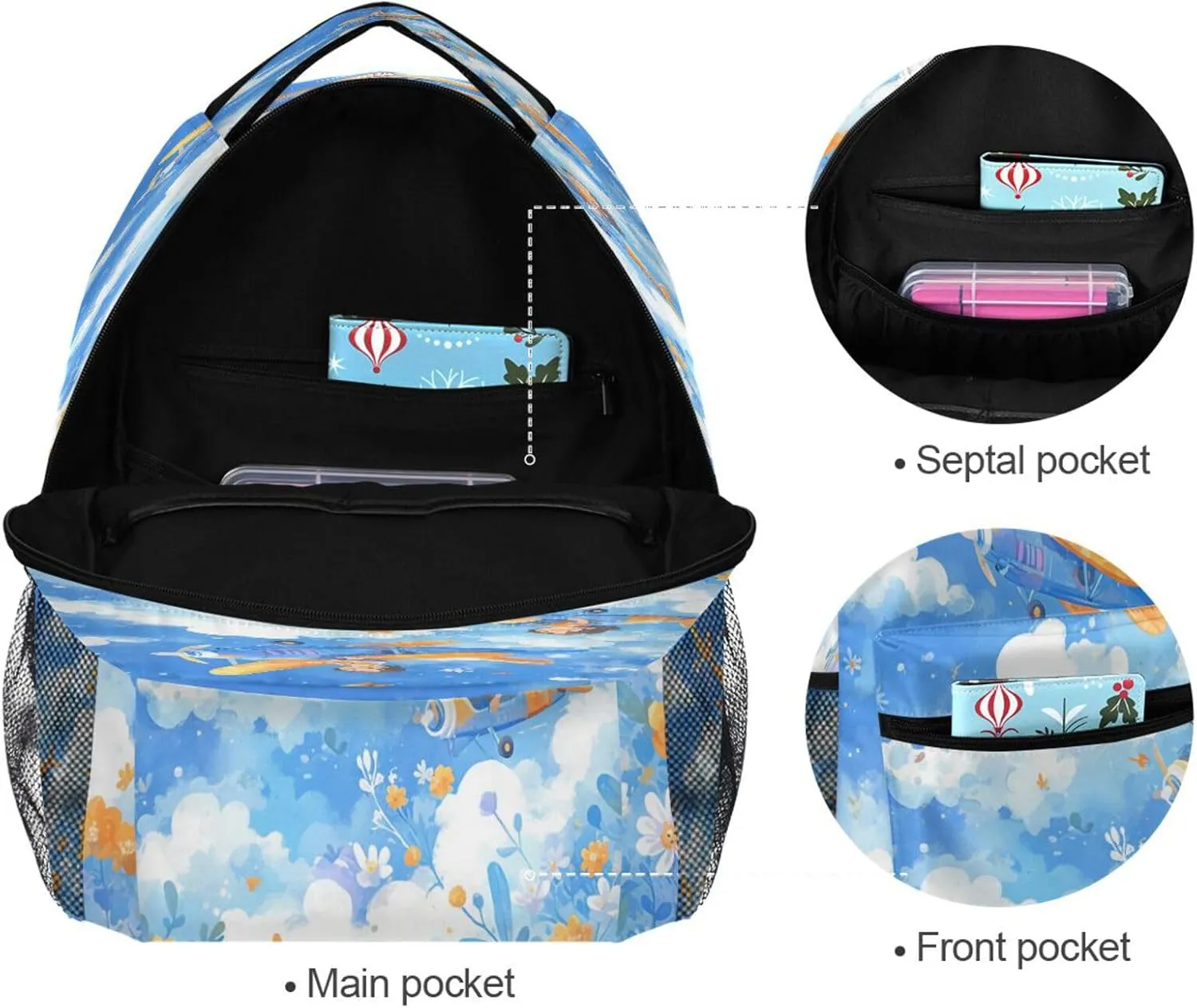 Fun Backpack for Teens Boys Girls Fashion Travel Laptop Backpack with Chest Strap Gift Men & Women Cartoon Cute Blue and White Plane