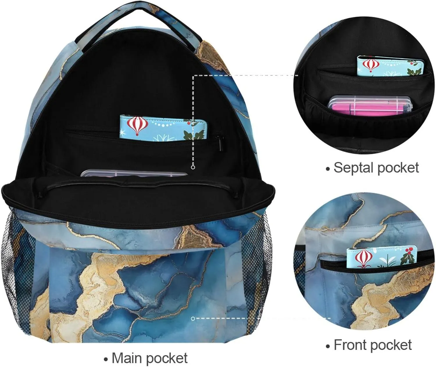 Fun Backpack for Unisex Adult Fashion School Bag with Chest Strap for Business Work College Travel Trip Marble Silver Royal Blue