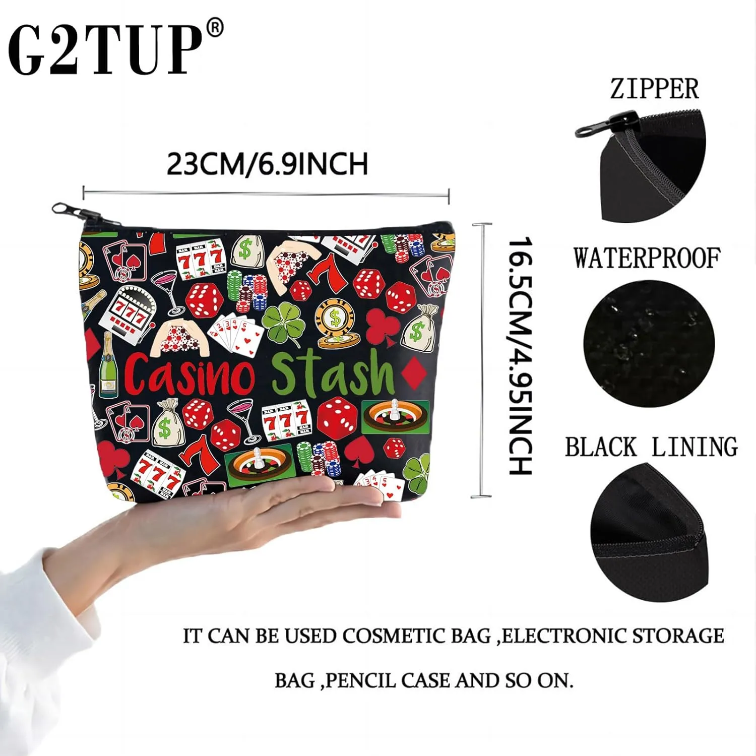 G2TUP Casino Gambling Makeup Bag Casino Stash Accessory Pouch Lucky Sevens Zipper Bag for Gambler (Casino New BL)