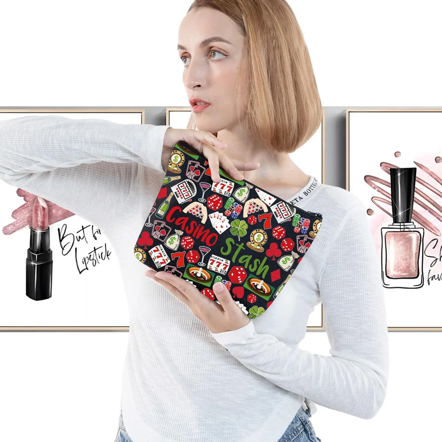 G2TUP Casino Gambling Makeup Bag Casino Stash Accessory Pouch Lucky Sevens Zipper Bag for Gambler (Casino New BL)