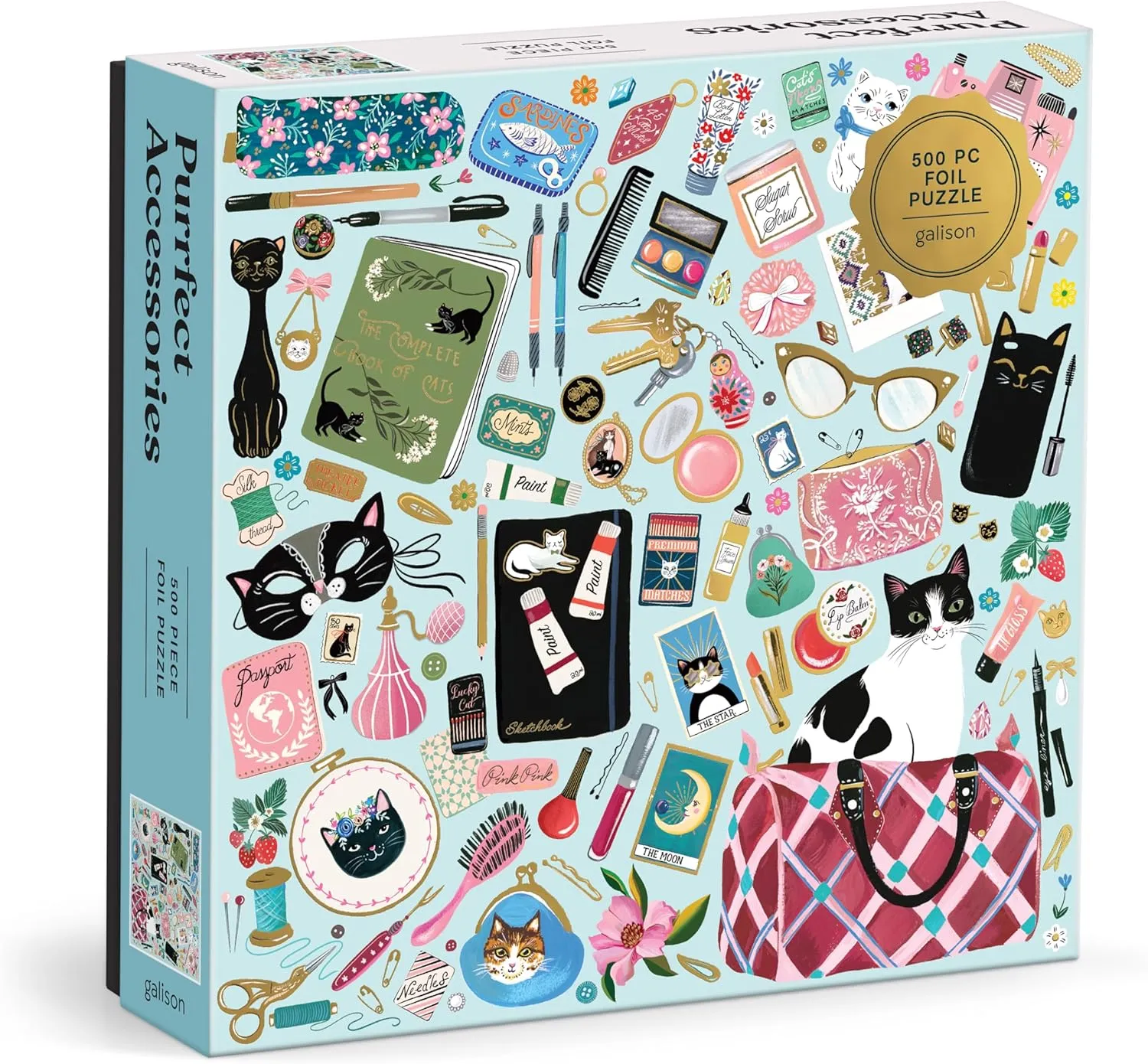 Galison Purrfect Accessories – 500 Piece Foil Jigsaw Puzzle Featuring Beautiful Artwork of A Cat Lover's Handbag