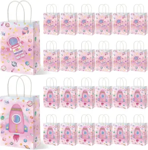 Geyoga 24 Pcs Pink Outer Space Party Favor Bags Space Goodie Gift Bags with Handles Galaxy Treat Party Supplies Two The Moon Birthday Decorations for Birthday Astronaut Galaxy Solar System Theme