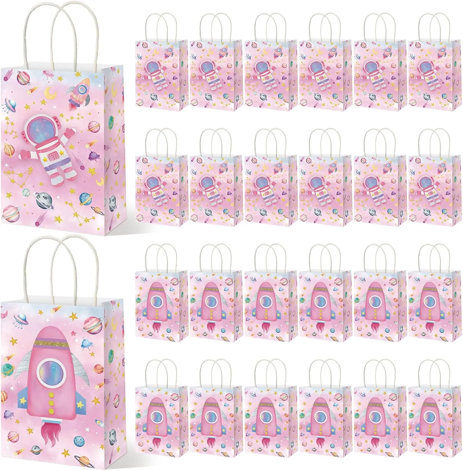 Geyoga 24 Pcs Pink Outer Space Party Favor Bags Space Goodie Gift Bags with Handles Galaxy Treat Party Supplies Two The Moon Birthday Decorations for Birthday Astronaut Galaxy Solar System Theme