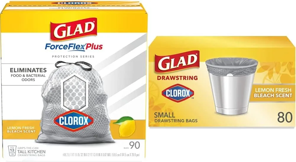 Glad Trash Bags, Clorox Lemon Fresh Bleach Bundle - Protection Series ForceFlex Plus Drawstring Odor Shield 13 Gal Tall Kitchen Garbage Bags (90ct) & 4 Gal Small Trash Bags (80ct)