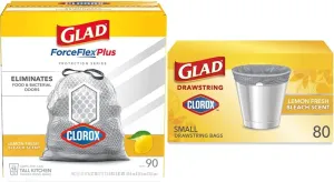 Glad Trash Bags, Clorox Lemon Fresh Bleach Bundle - Protection Series ForceFlex Plus Drawstring Odor Shield 13 Gal Tall Kitchen Garbage Bags (90ct) & 4 Gal Small Trash Bags (80ct)