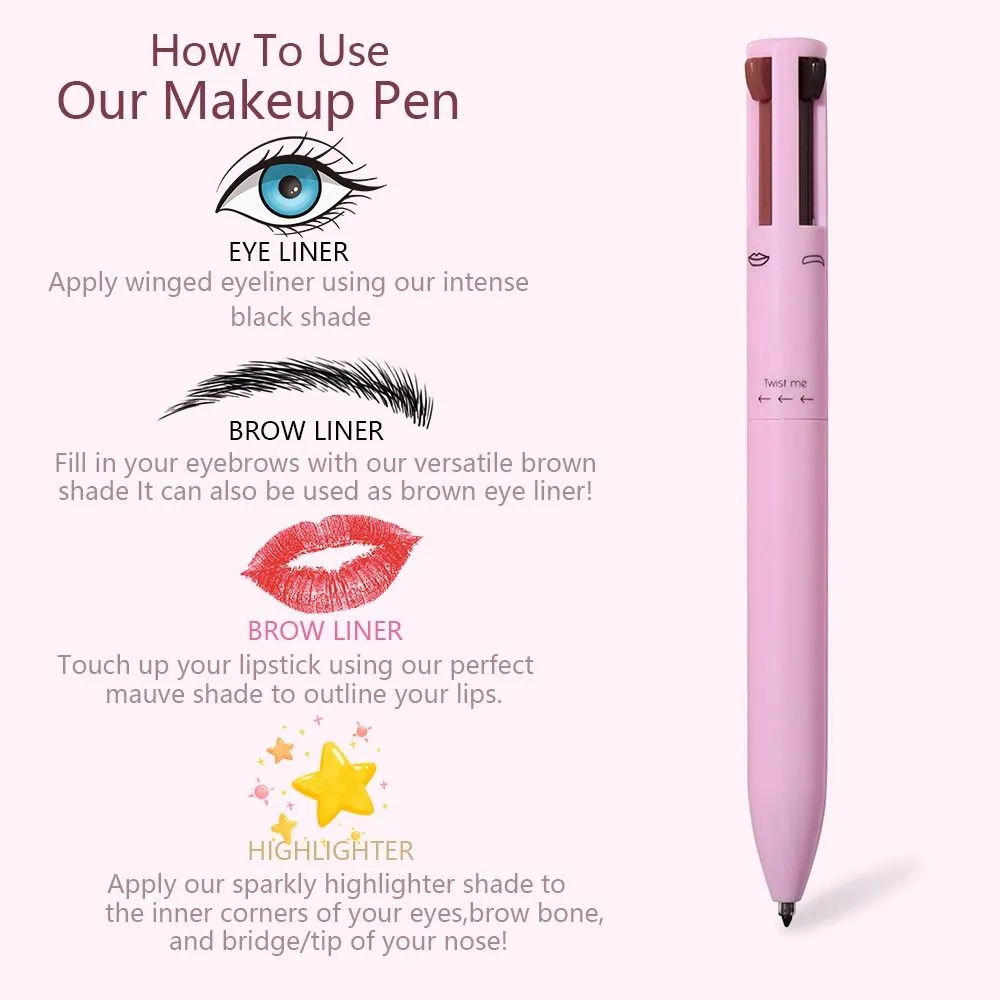Glam Pen: 4-In-1 Makeup Pen With Eyeliner, Eyebrow Pencil, Lip Liner, And Highlighter