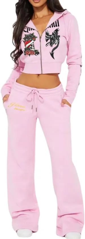 Glitrandi Womens 2 Piece Outfits Fashion Print Cropped Hoodies Jacket Sweatpants With Pockets Tracksuit For Women