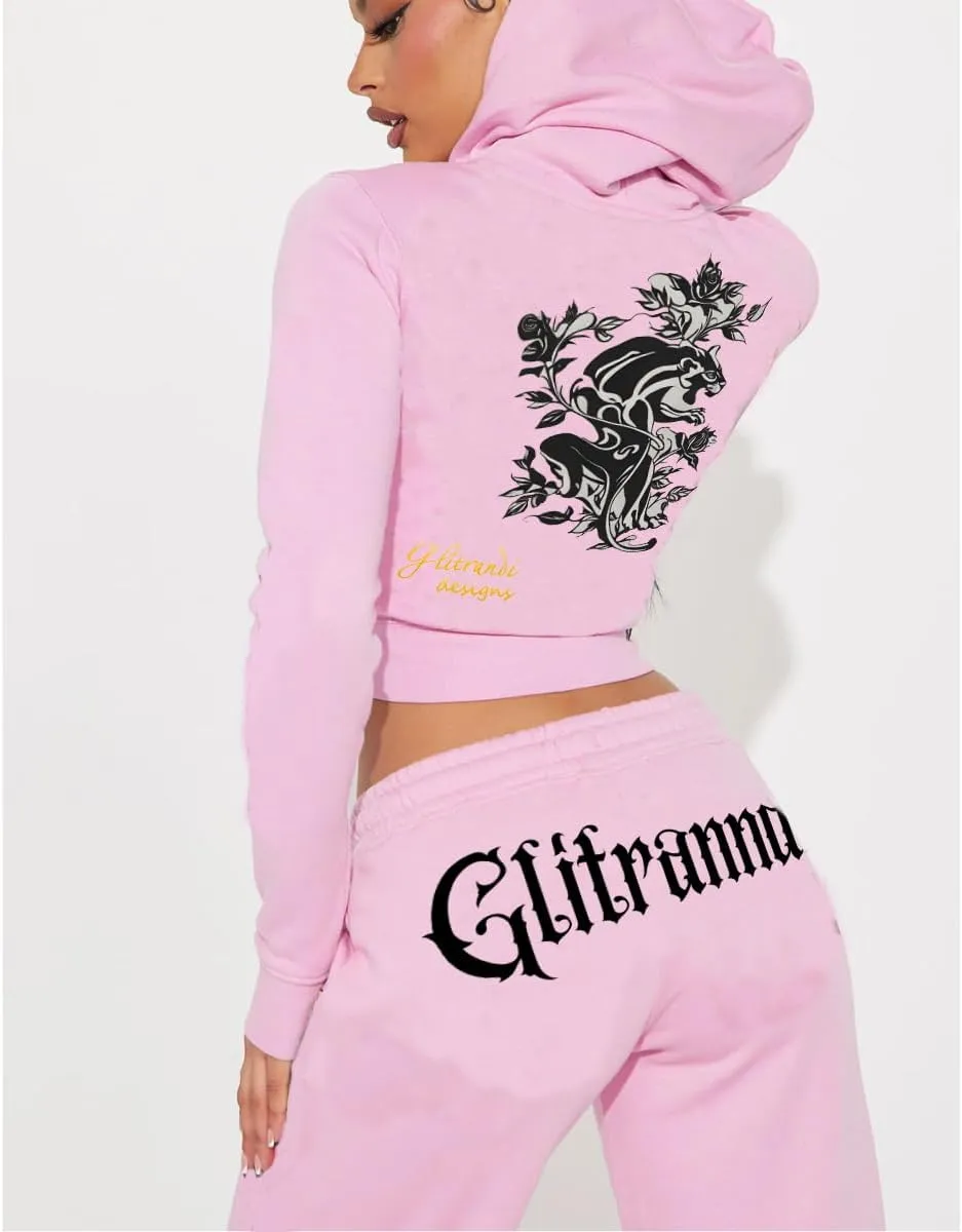 Glitrandi Womens 2 Piece Outfits Fashion Print Cropped Hoodies Jacket Sweatpants With Pockets Tracksuit For Women