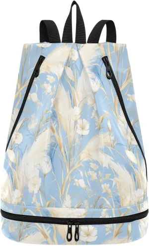 Golden Pampas Grass Light Blue Drawstring bag for men sturdy small gym backpack with Wet Dry Compartments