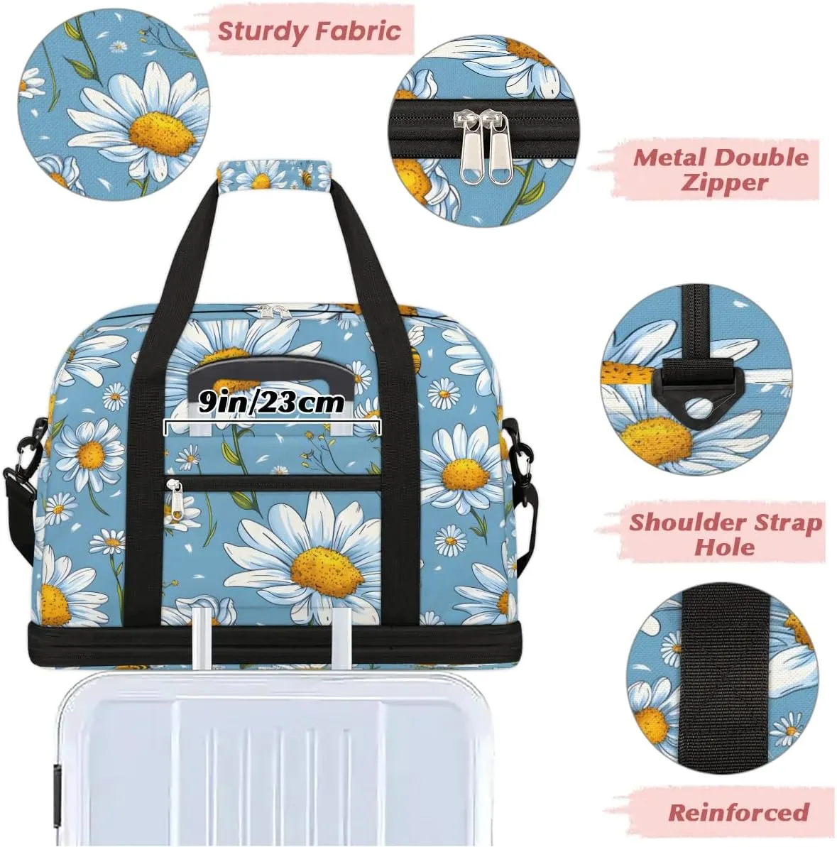 Graceful Daisy Flora Pattern Travel Duffle Bag, Collapsible Travel Bag Sports Gym Bag With Shoes Compartment Weekender Bag Overnight Bag For Women Men