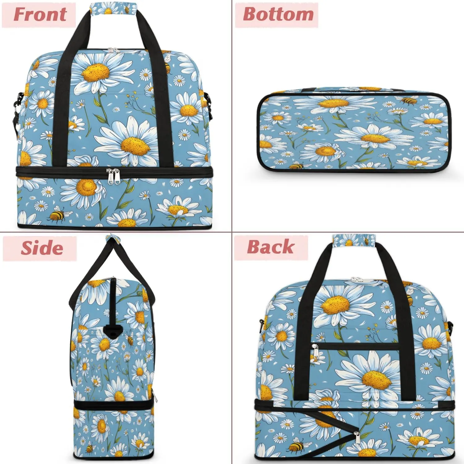 Graceful Daisy Flora Pattern Travel Duffle Bag, Collapsible Travel Bag Sports Gym Bag With Shoes Compartment Weekender Bag Overnight Bag For Women Men