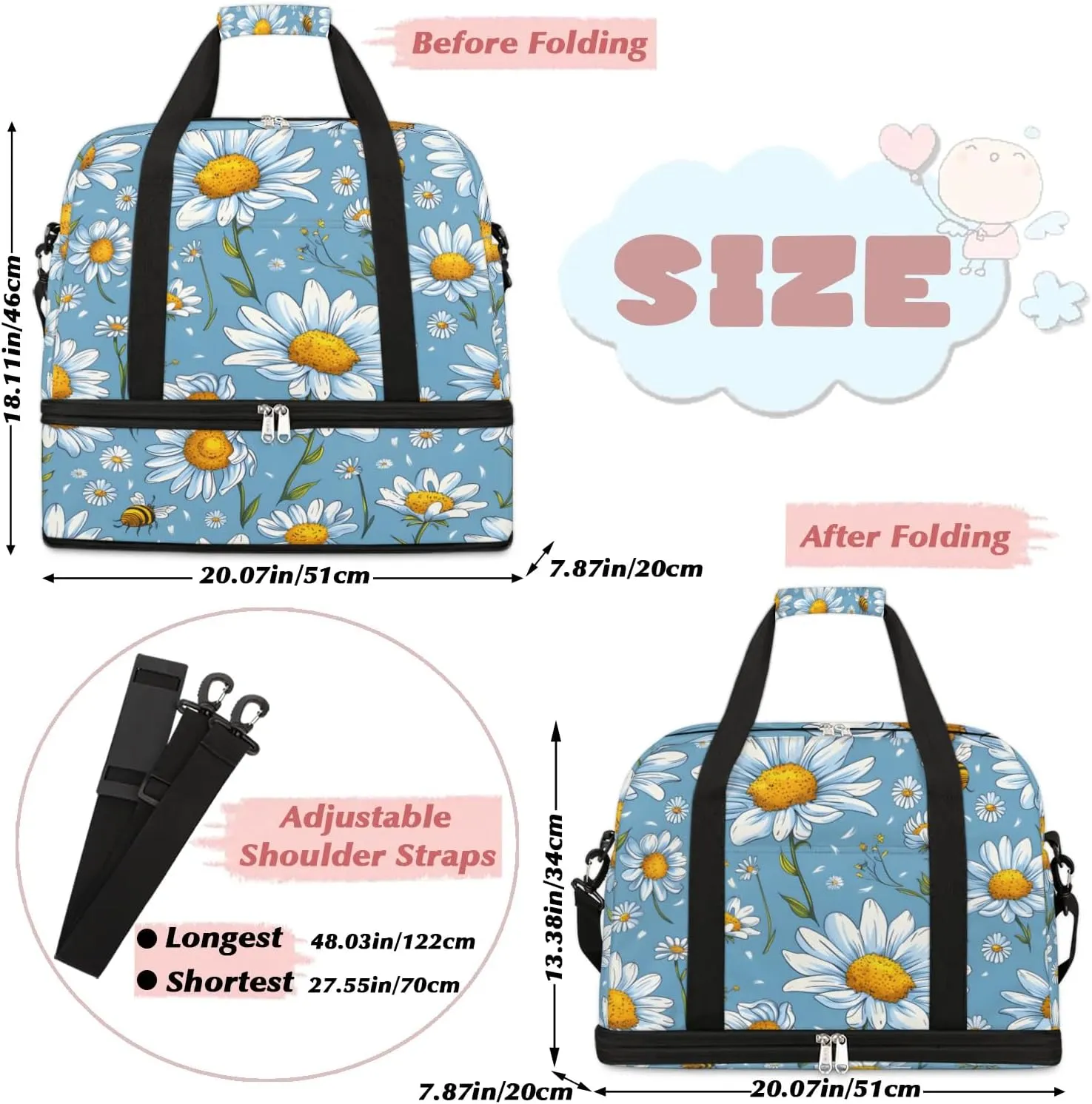 Graceful Daisy Flora Pattern Travel Duffle Bag, Collapsible Travel Bag Sports Gym Bag With Shoes Compartment Weekender Bag Overnight Bag For Women Men