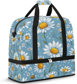 Graceful Daisy Flora Pattern Travel Duffle Bag, Collapsible Travel Bag Sports Gym Bag With Shoes Compartment Weekender Bag Overnight Bag For Women Men