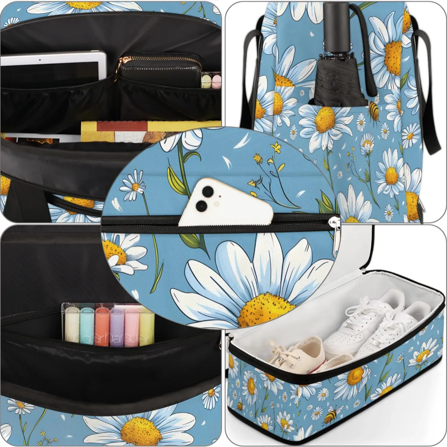 Graceful Daisy Flora Pattern Travel Duffle Bag, Collapsible Travel Bag Sports Gym Bag With Shoes Compartment Weekender Bag Overnight Bag For Women Men