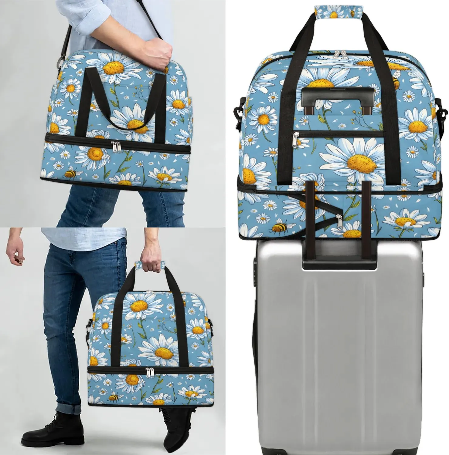 Graceful Daisy Flora Pattern Travel Duffle Bag, Collapsible Travel Bag Sports Gym Bag With Shoes Compartment Weekender Bag Overnight Bag For Women Men