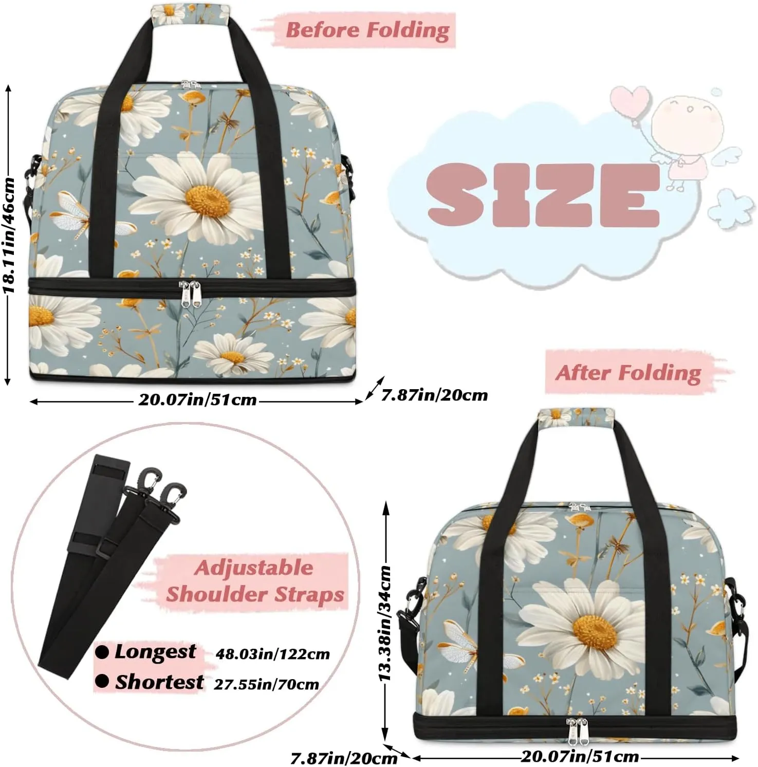 Graceful Daisy Flora Print Travel Duffle Bag, Collapsible Travel Bag Sports Gym Bag With Shoes Compartment Weekender Bag Overnight Bag For Women Men