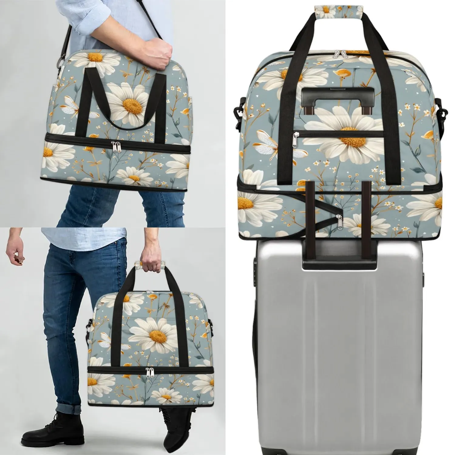 Graceful Daisy Flora Print Travel Duffle Bag, Collapsible Travel Bag Sports Gym Bag With Shoes Compartment Weekender Bag Overnight Bag For Women Men