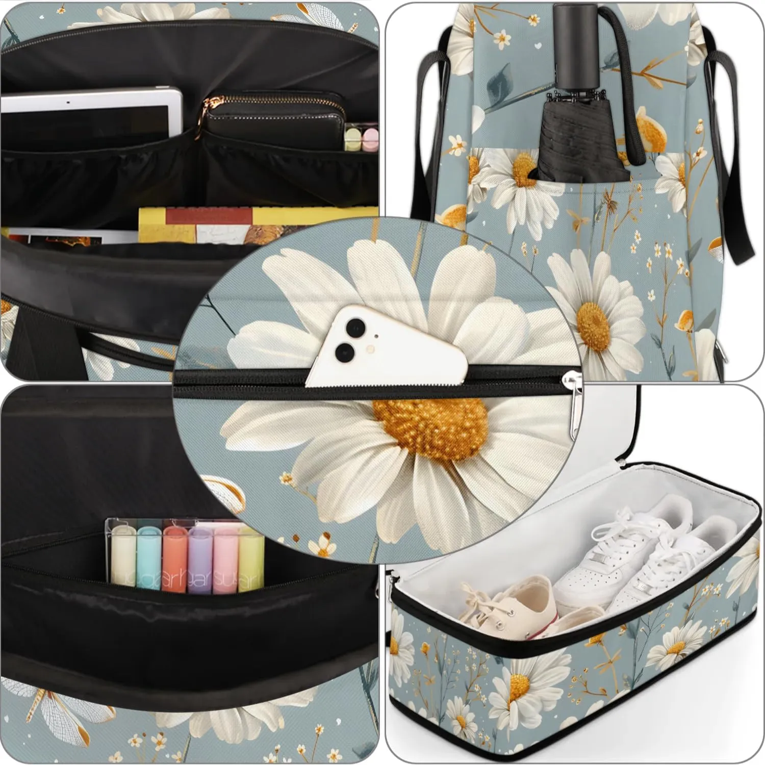 Graceful Daisy Flora Print Travel Duffle Bag, Collapsible Travel Bag Sports Gym Bag With Shoes Compartment Weekender Bag Overnight Bag For Women Men