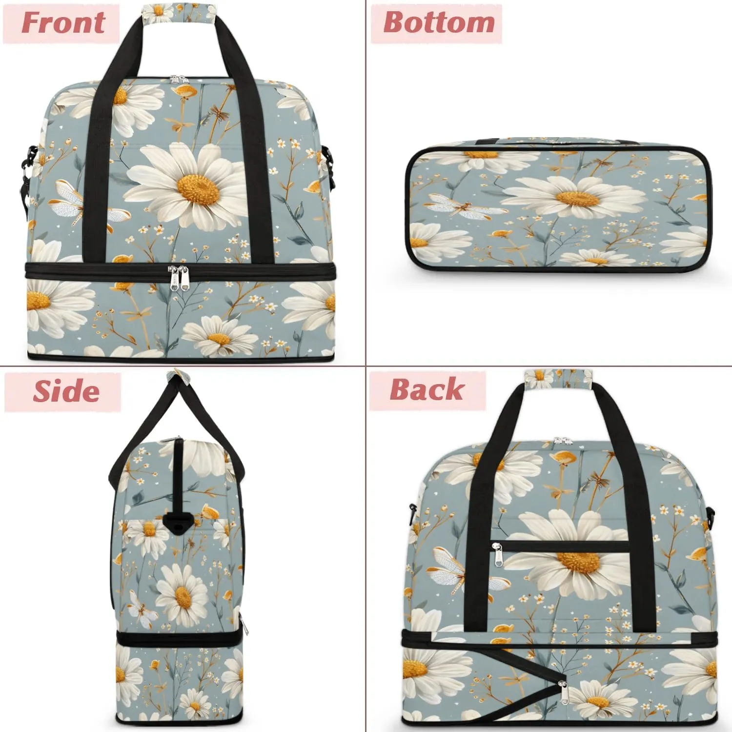 Graceful Daisy Flora Print Travel Duffle Bag, Collapsible Travel Bag Sports Gym Bag With Shoes Compartment Weekender Bag Overnight Bag For Women Men