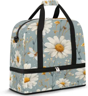 Graceful Daisy Flora Print Travel Duffle Bag, Collapsible Travel Bag Sports Gym Bag With Shoes Compartment Weekender Bag Overnight Bag For Women Men