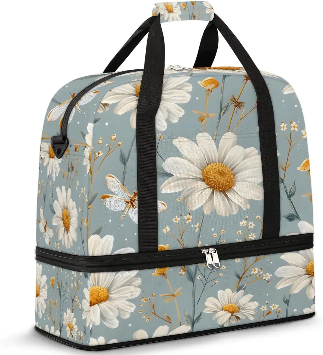 Graceful Daisy Flora Print Travel Duffle Bag, Collapsible Travel Bag Sports Gym Bag With Shoes Compartment Weekender Bag Overnight Bag For Women Men