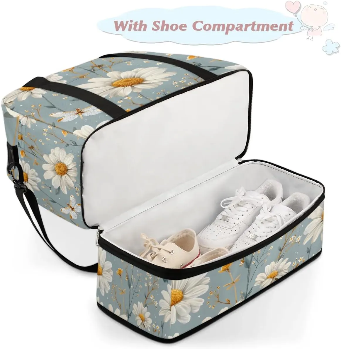 Graceful Daisy Flora Print Travel Duffle Bag, Collapsible Travel Bag Sports Gym Bag With Shoes Compartment Weekender Bag Overnight Bag For Women Men