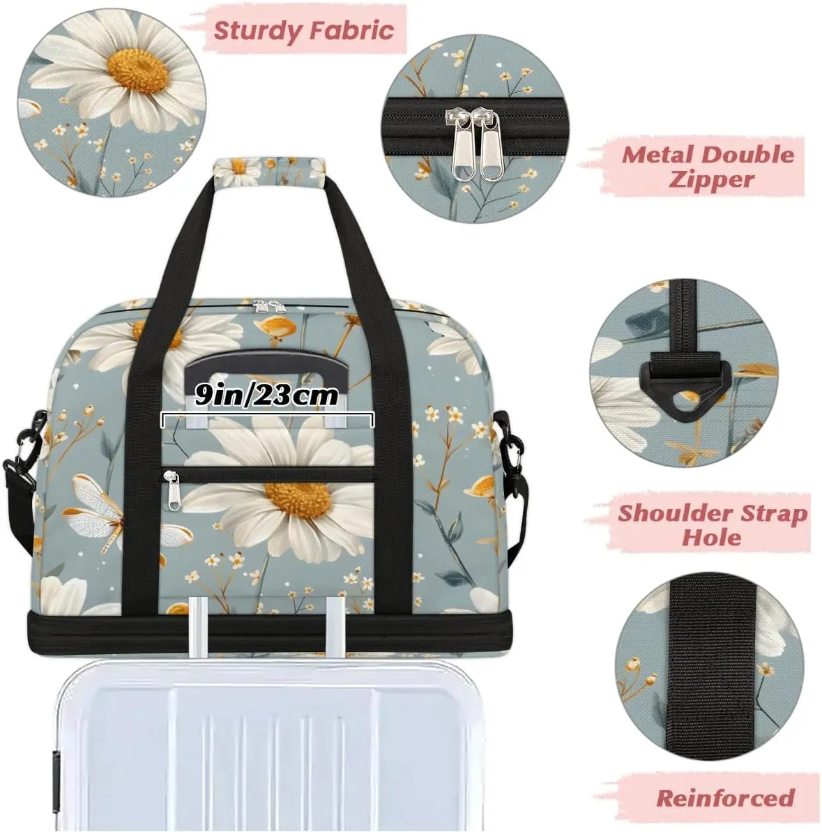 Graceful Daisy Flora Print Travel Duffle Bag, Collapsible Travel Bag Sports Gym Bag With Shoes Compartment Weekender Bag Overnight Bag For Women Men