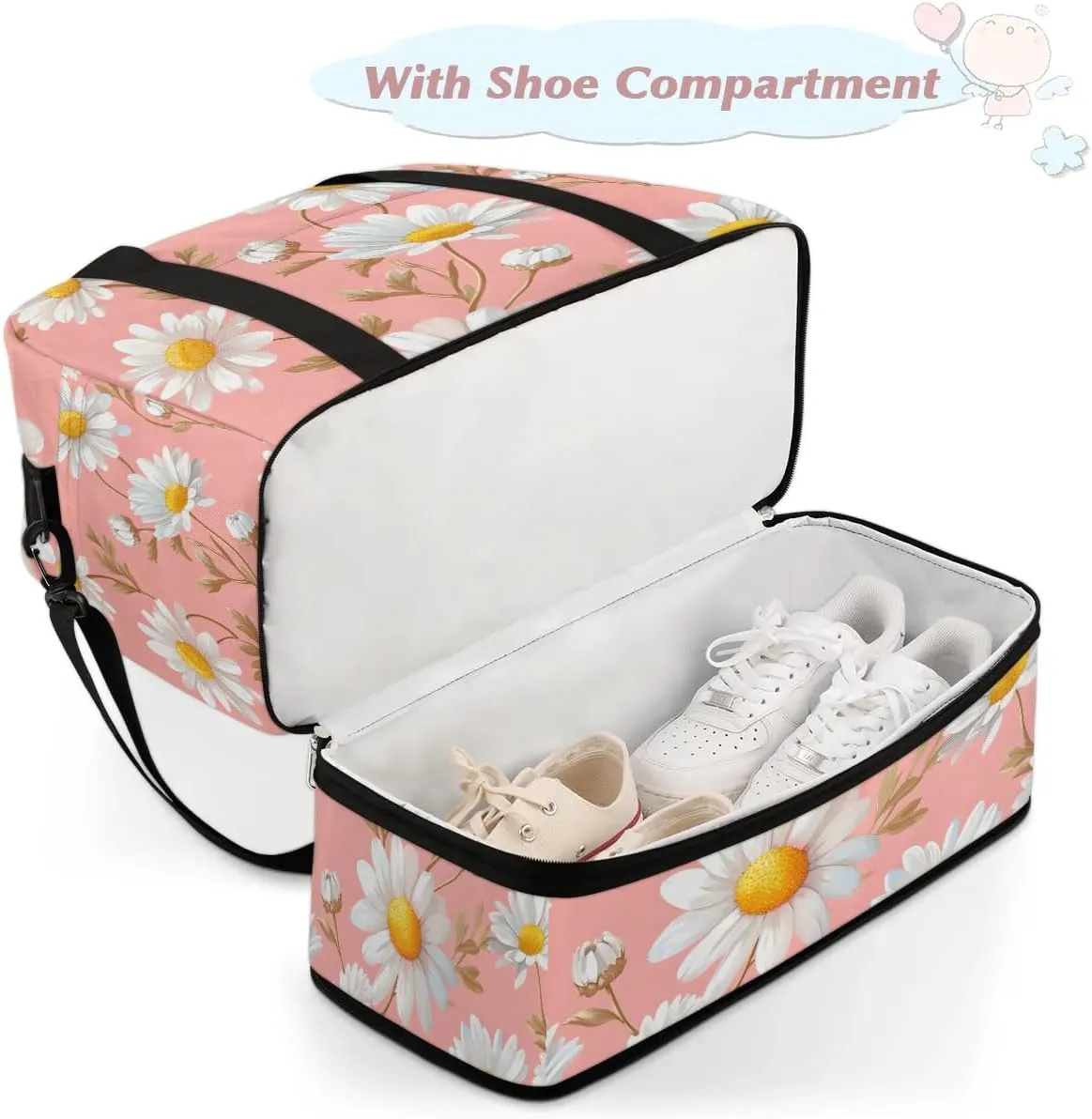 Graceful Daisy Flowers Printing Travel Duffle Bag, Collapsible Travel Bag Sports Gym Bag With Shoes Compartment Weekender Bag Overnight Bag For Women Men