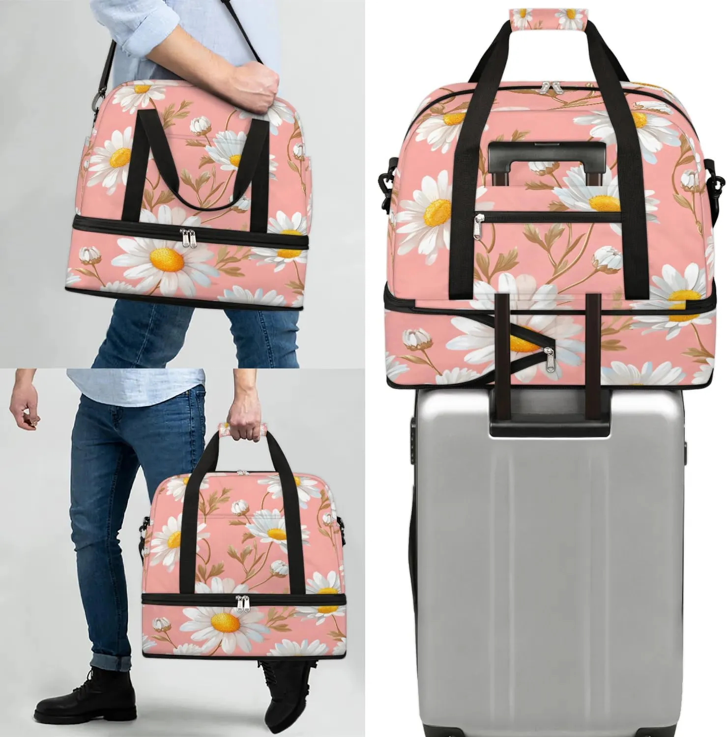 Graceful Daisy Flowers Printing Travel Duffle Bag, Collapsible Travel Bag Sports Gym Bag With Shoes Compartment Weekender Bag Overnight Bag For Women Men