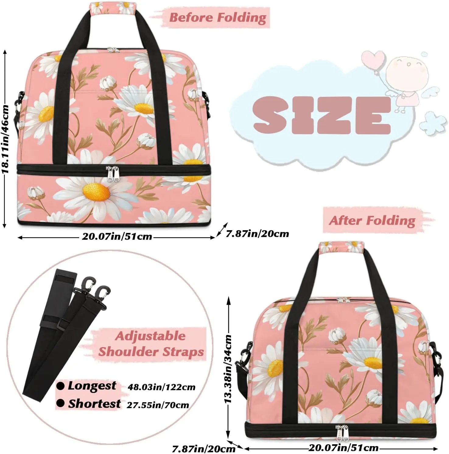 Graceful Daisy Flowers Printing Travel Duffle Bag, Collapsible Travel Bag Sports Gym Bag With Shoes Compartment Weekender Bag Overnight Bag For Women Men