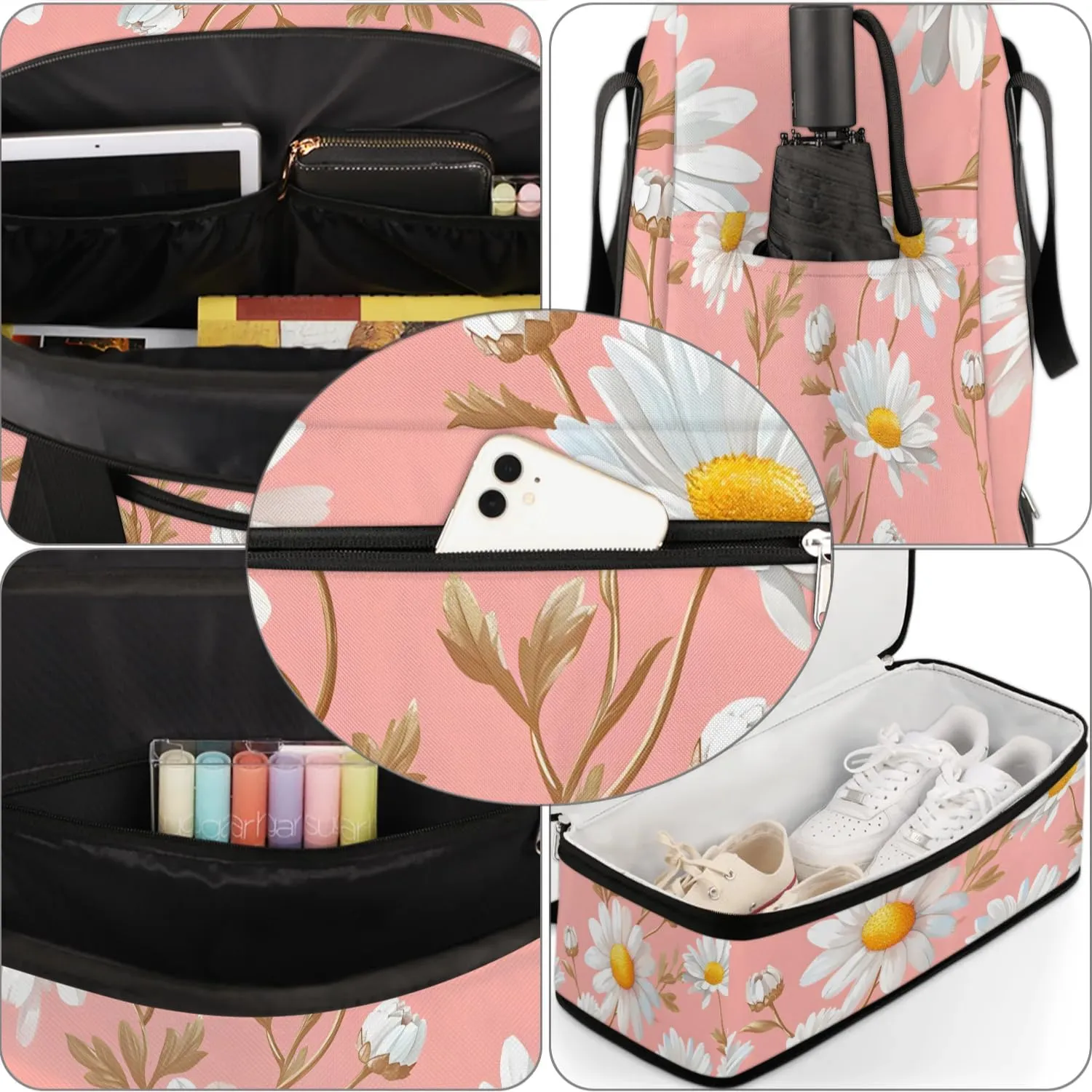 Graceful Daisy Flowers Printing Travel Duffle Bag, Collapsible Travel Bag Sports Gym Bag With Shoes Compartment Weekender Bag Overnight Bag For Women Men