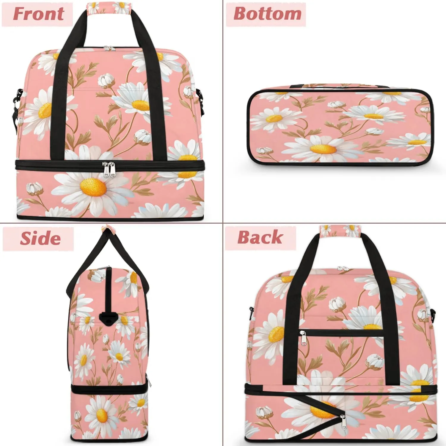 Graceful Daisy Flowers Printing Travel Duffle Bag, Collapsible Travel Bag Sports Gym Bag With Shoes Compartment Weekender Bag Overnight Bag For Women Men