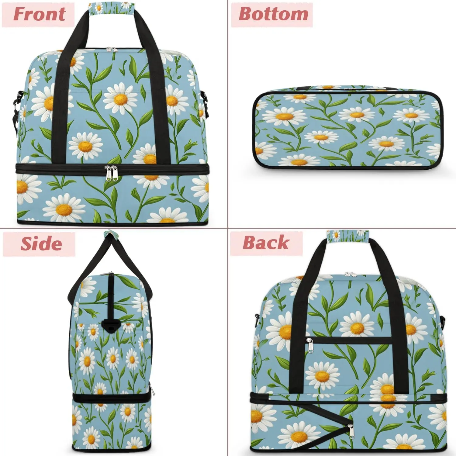Graceful Daisy Flowers Prints Travel Duffle Bag, Collapsible Travel Bag Sports Gym Bag With Shoes Compartment Weekender Bag Overnight Bag For Women Men