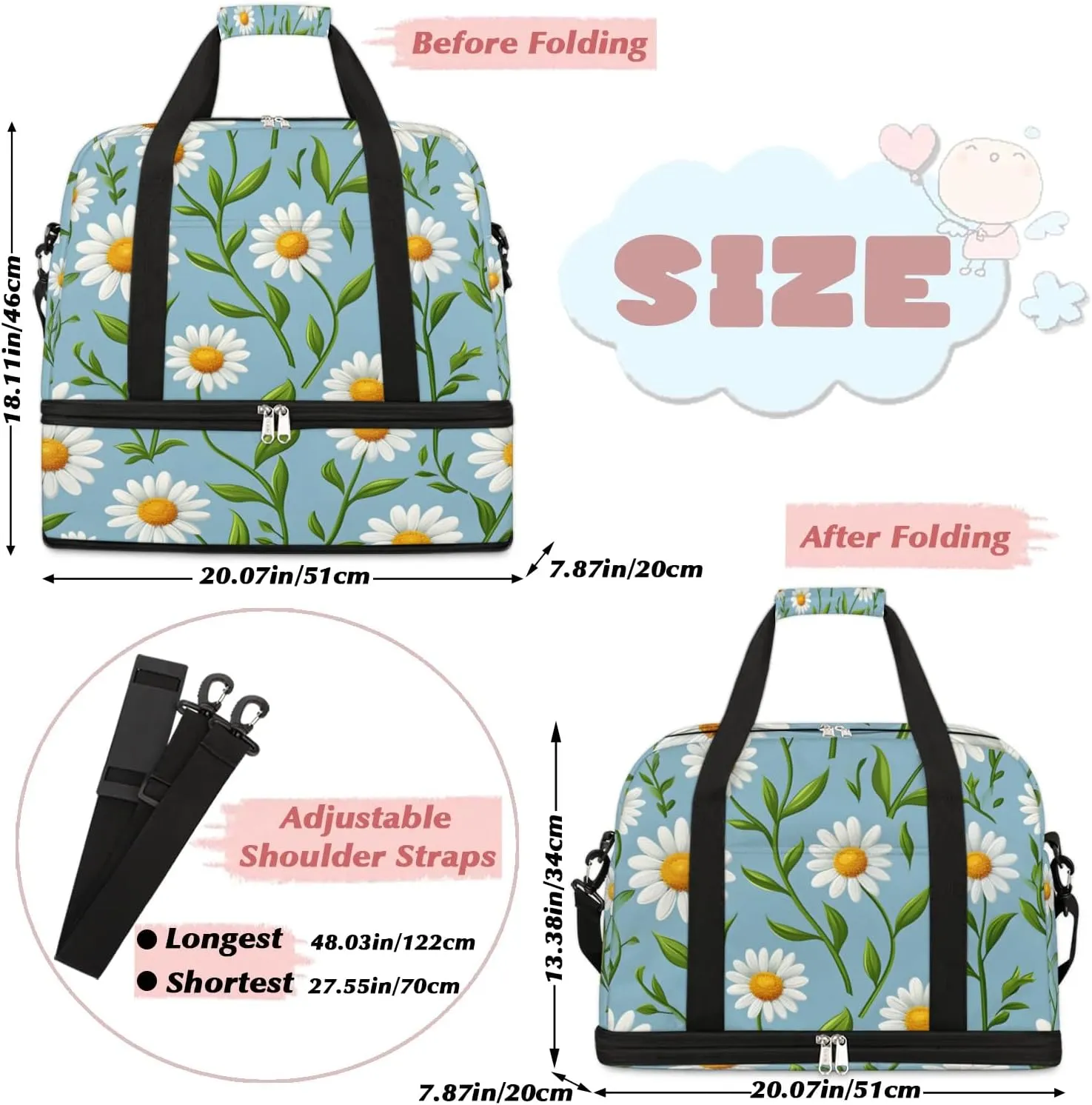 Graceful Daisy Flowers Prints Travel Duffle Bag, Collapsible Travel Bag Sports Gym Bag With Shoes Compartment Weekender Bag Overnight Bag For Women Men