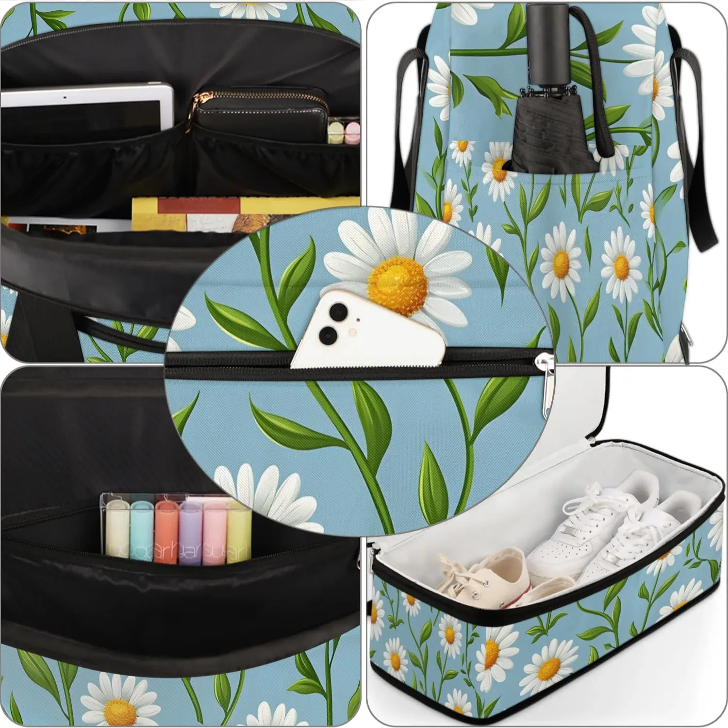 Graceful Daisy Flowers Prints Travel Duffle Bag, Collapsible Travel Bag Sports Gym Bag With Shoes Compartment Weekender Bag Overnight Bag For Women Men