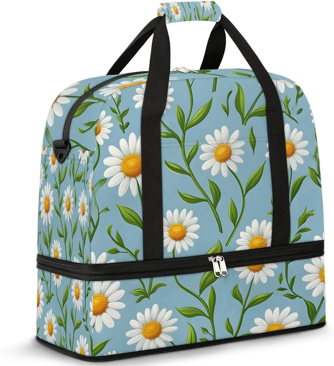 Graceful Daisy Flowers Prints Travel Duffle Bag, Collapsible Travel Bag Sports Gym Bag With Shoes Compartment Weekender Bag Overnight Bag For Women Men