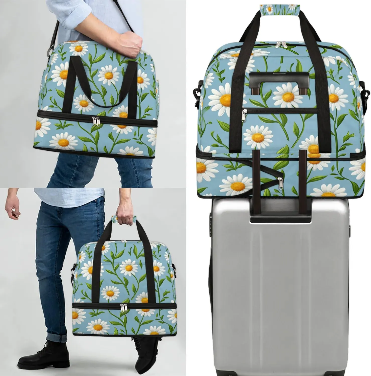 Graceful Daisy Flowers Prints Travel Duffle Bag, Collapsible Travel Bag Sports Gym Bag With Shoes Compartment Weekender Bag Overnight Bag For Women Men