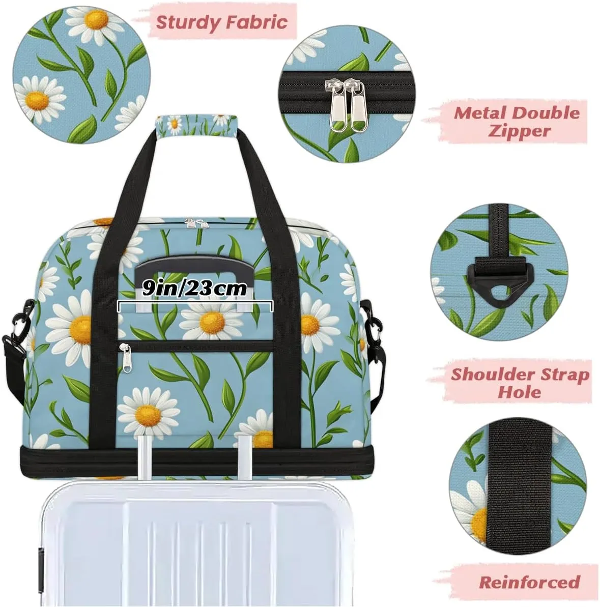 Graceful Daisy Flowers Prints Travel Duffle Bag, Collapsible Travel Bag Sports Gym Bag With Shoes Compartment Weekender Bag Overnight Bag For Women Men