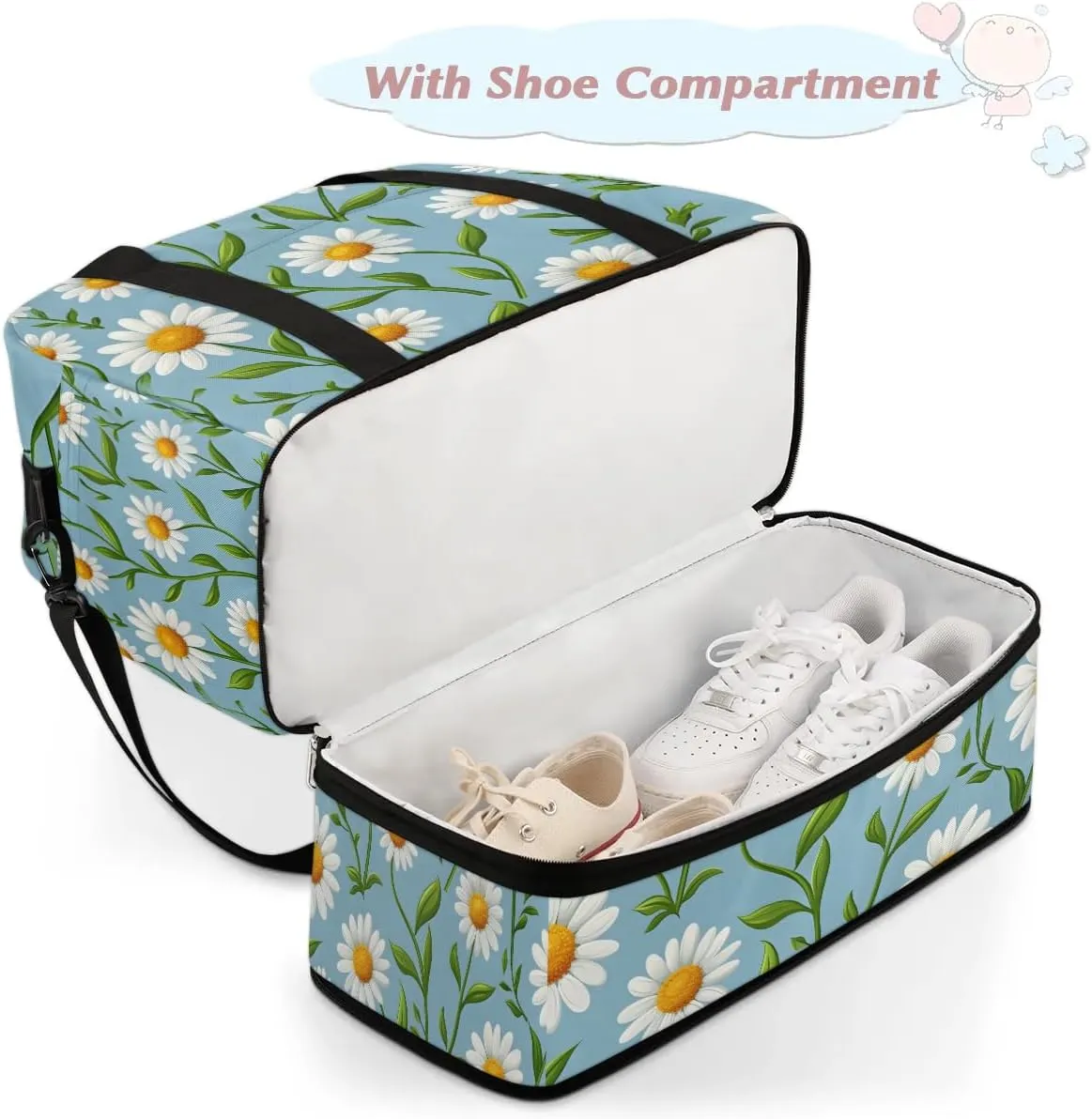 Graceful Daisy Flowers Prints Travel Duffle Bag, Collapsible Travel Bag Sports Gym Bag With Shoes Compartment Weekender Bag Overnight Bag For Women Men