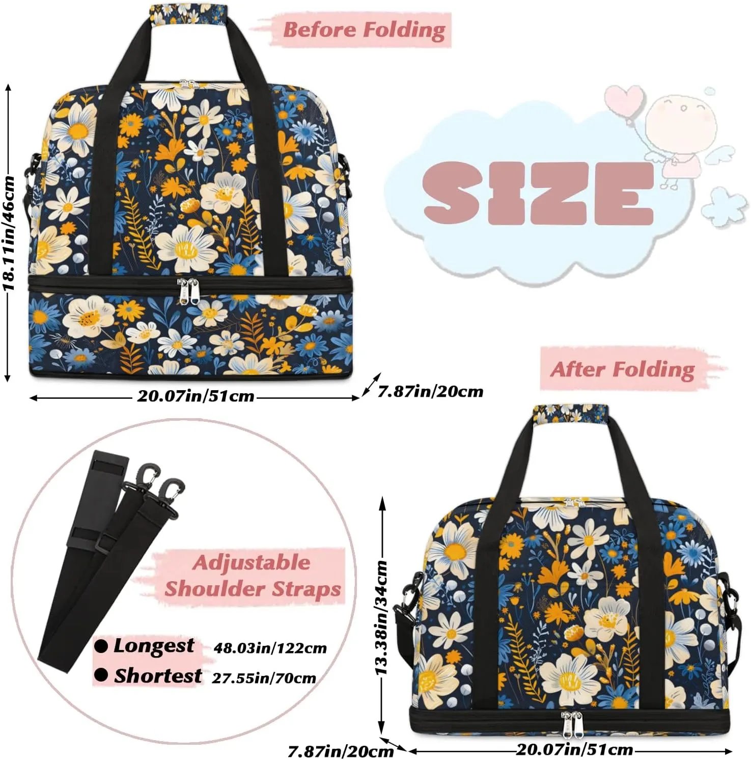 Graceful Flora Beauty Patterns Travel Duffle Bag, Collapsible Travel Bag Sports Gym Bag With Shoes Compartment Weekender Bag Overnight Bag For Women Men