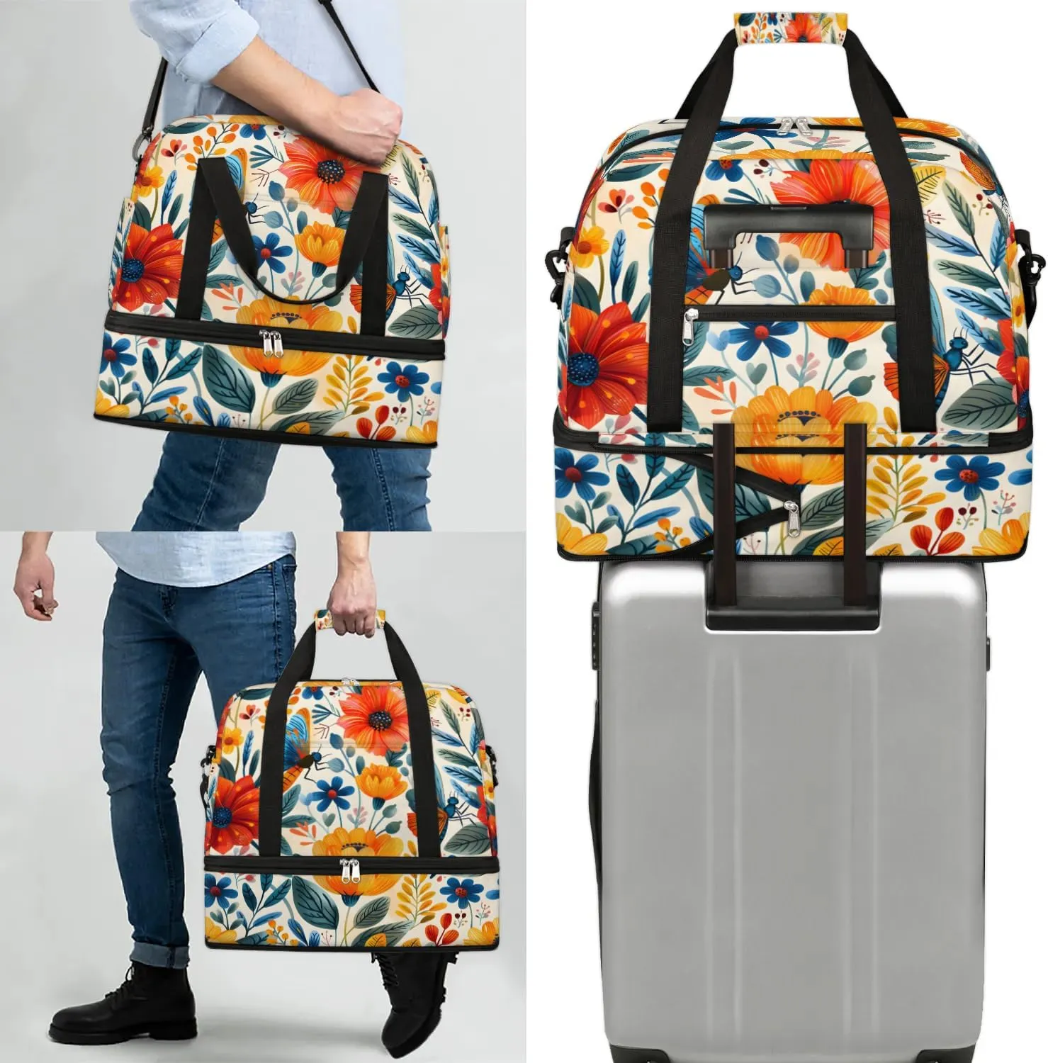 Graceful Flora Beauty Printing Travel Duffle Bag, Collapsible Travel Bag Sports Gym Bag With Shoes Compartment Weekender Bag Overnight Bag For Women Men
