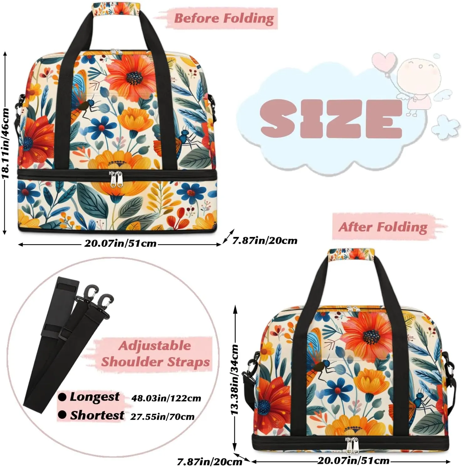 Graceful Flora Beauty Printing Travel Duffle Bag, Collapsible Travel Bag Sports Gym Bag With Shoes Compartment Weekender Bag Overnight Bag For Women Men