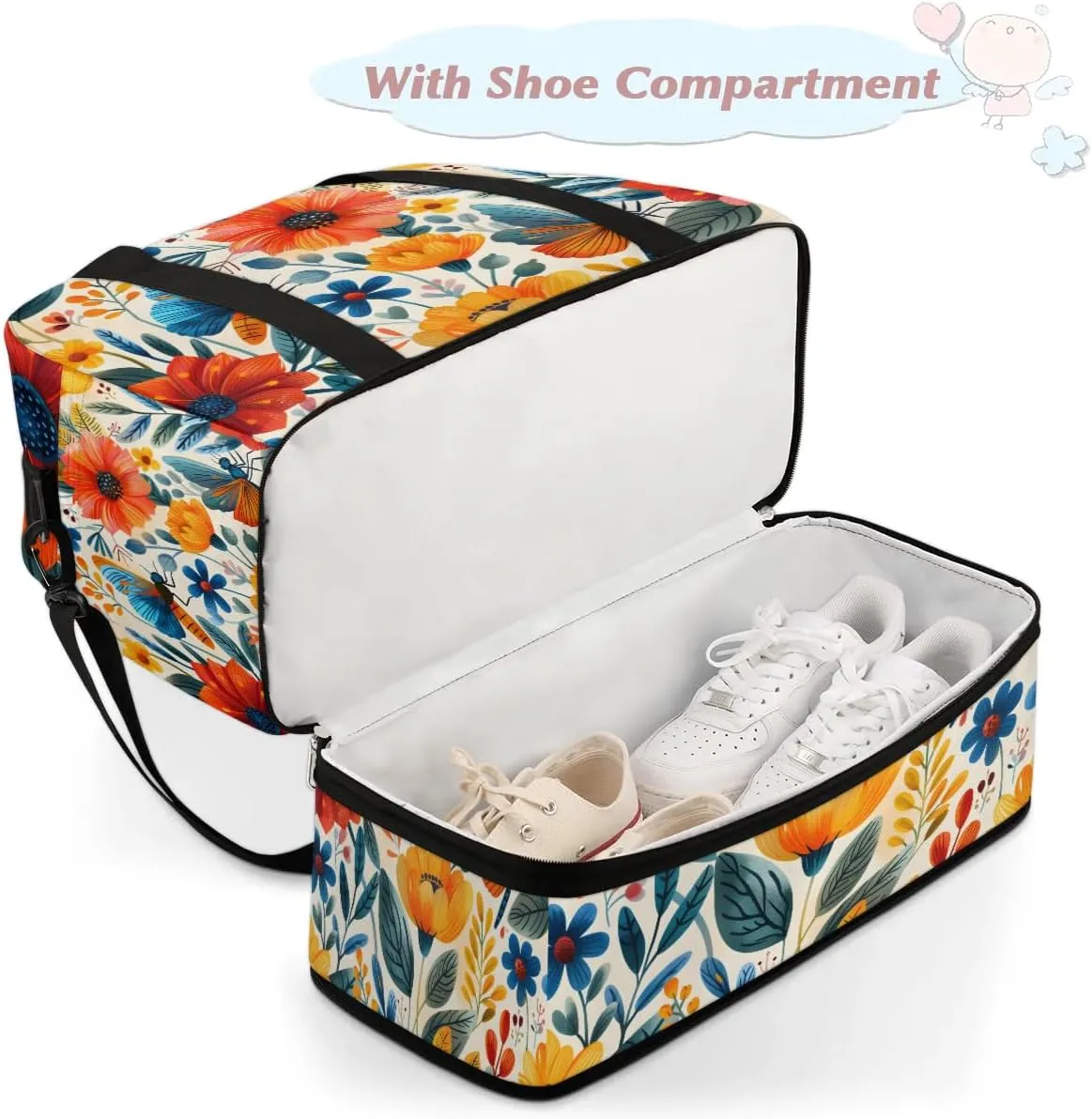 Graceful Flora Beauty Printing Travel Duffle Bag, Collapsible Travel Bag Sports Gym Bag With Shoes Compartment Weekender Bag Overnight Bag For Women Men