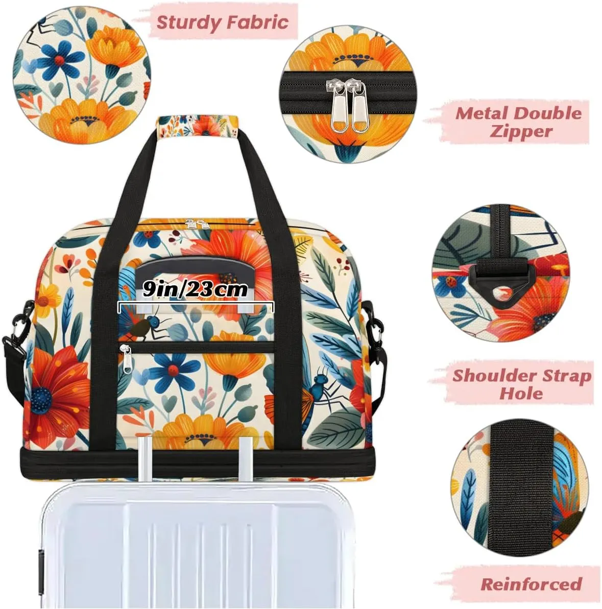 Graceful Flora Beauty Printing Travel Duffle Bag, Collapsible Travel Bag Sports Gym Bag With Shoes Compartment Weekender Bag Overnight Bag For Women Men